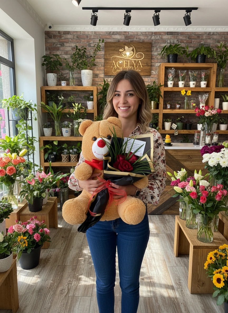 Sevimli Ayi ve Gul Buketi